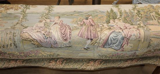 A Hines of Oxford machine made tapestry hanging depicting figures in a romantic lakeside setting 180 x 90cm